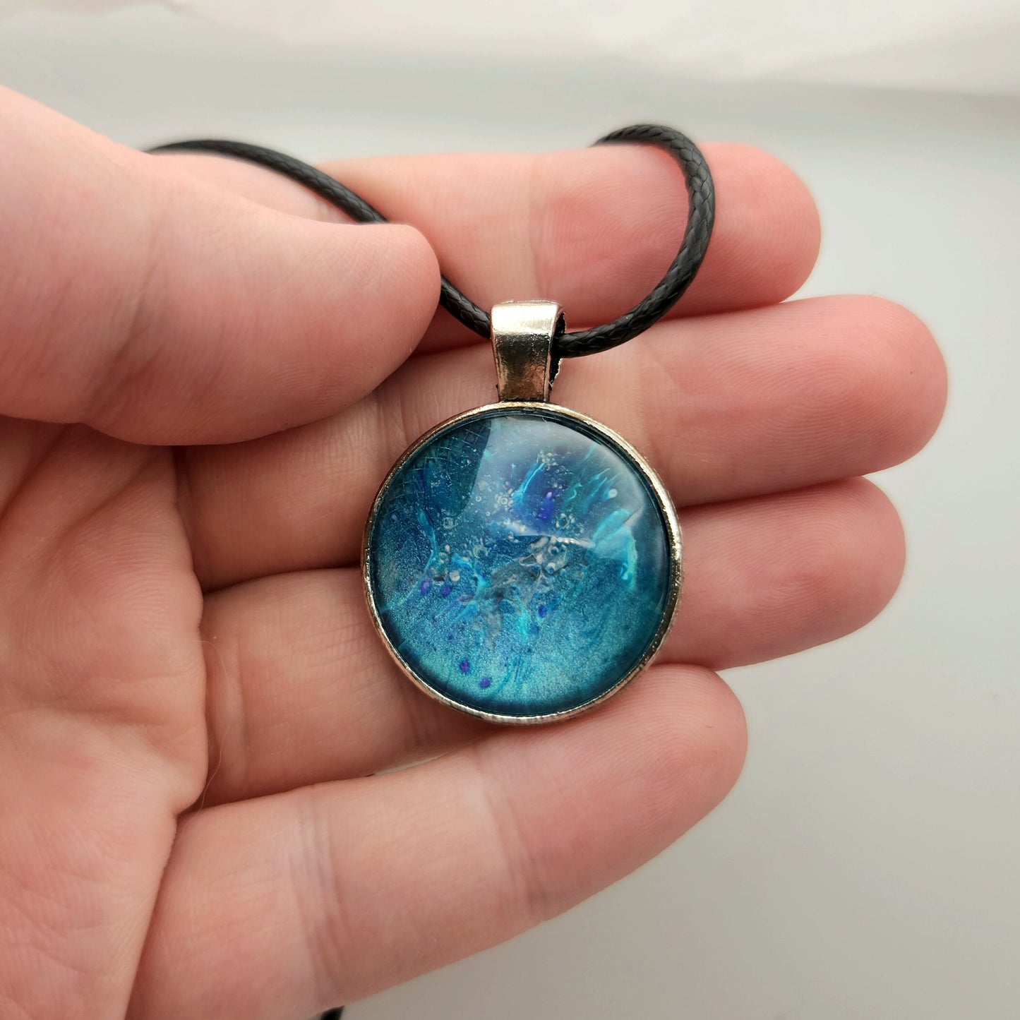 Touchstone Pendant - Silver G - Hand Painted Glass Bezel Necklace - Custom Art Jewelry - Metallic Aqua Blue, Hints of Purple, Seastone