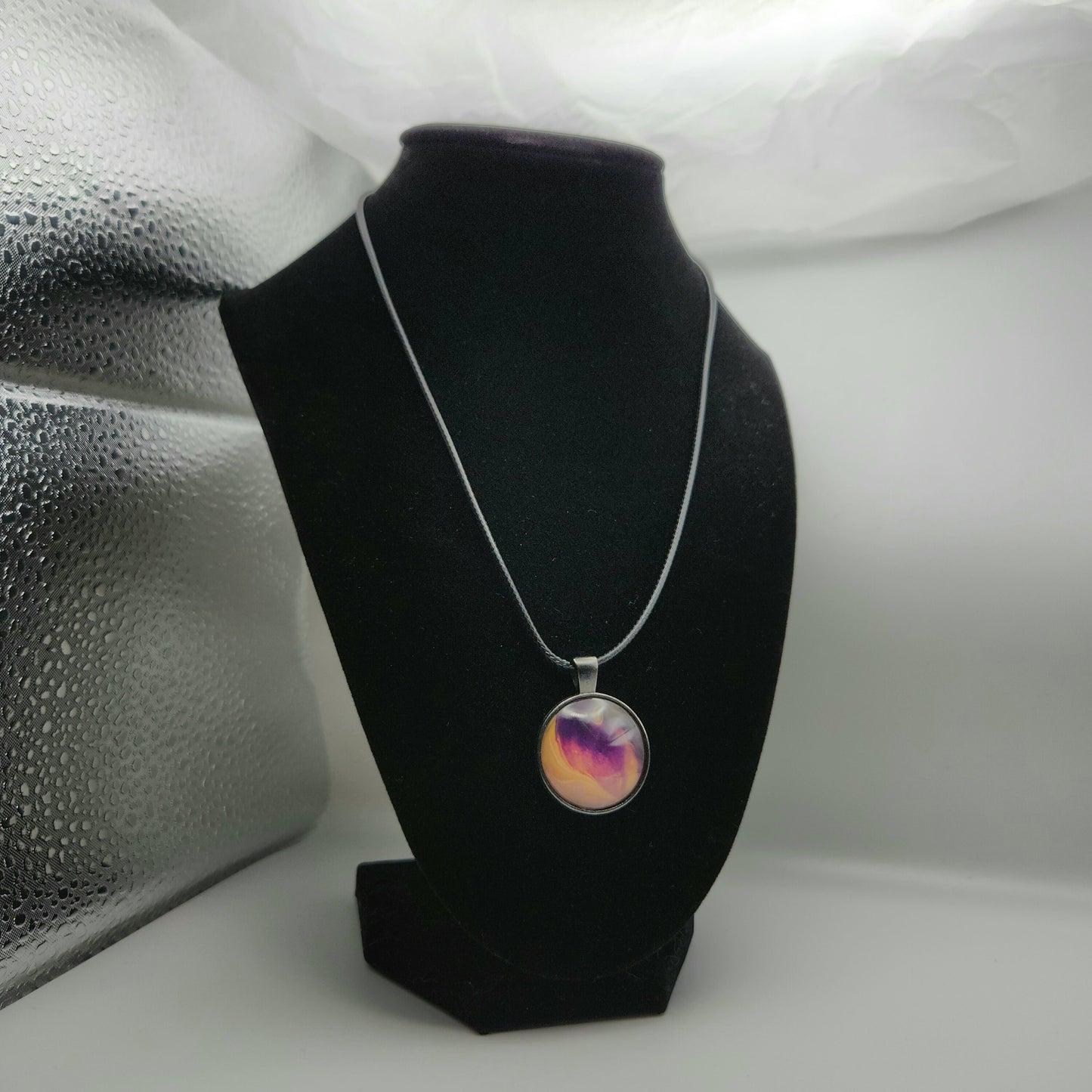 Touchstone Pendant - Antique Silver A - Hand Painted Glass Bezel Necklace - Custom Art Jewelry - Purple and Gold