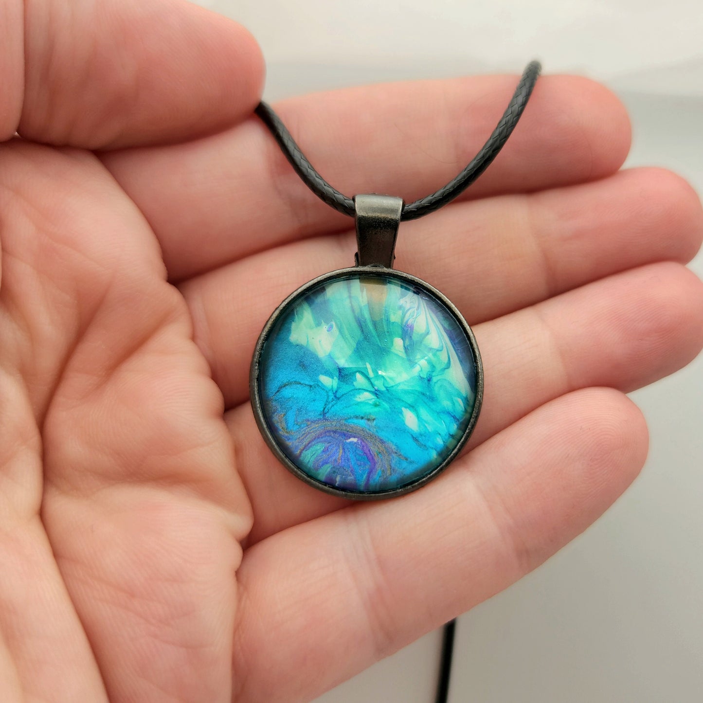 Touchstone Pendant - Antique Silver D - Hand Painted Glass Bezel Necklace - Custom Art Jewelry - Blue, Green, and Purple Metallic