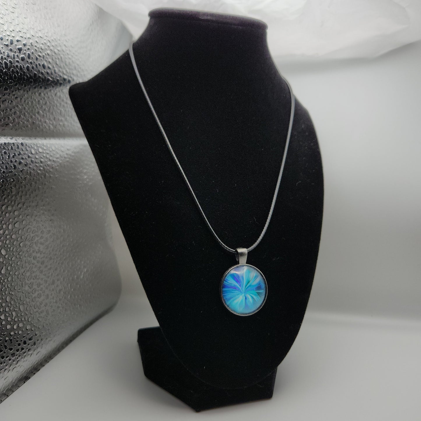 Touchstone Pendant - Antique Silver F - Hand Painted Glass Bezel Necklace - Custom Art Jewelry - Blue and Green Metallic, Floral Flower