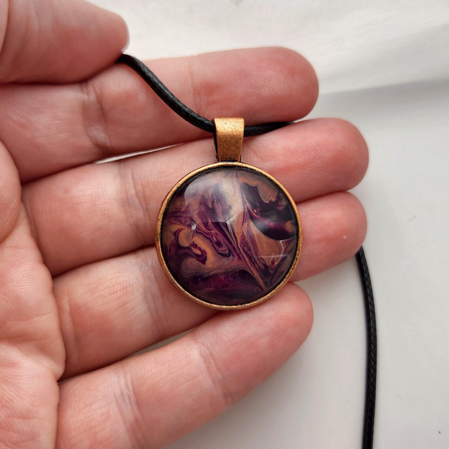Touchstone Pendant - Copper C - Hand Painted Glass Bezel Necklace - Custom Art Jewelry - Purple and Gold Metallic