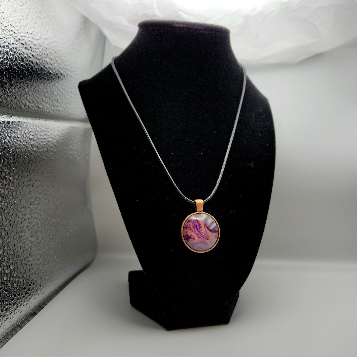 Touchstone Pendant - Copper C - Hand Painted Glass Bezel Necklace - Custom Art Jewelry - Purple and Gold Metallic
