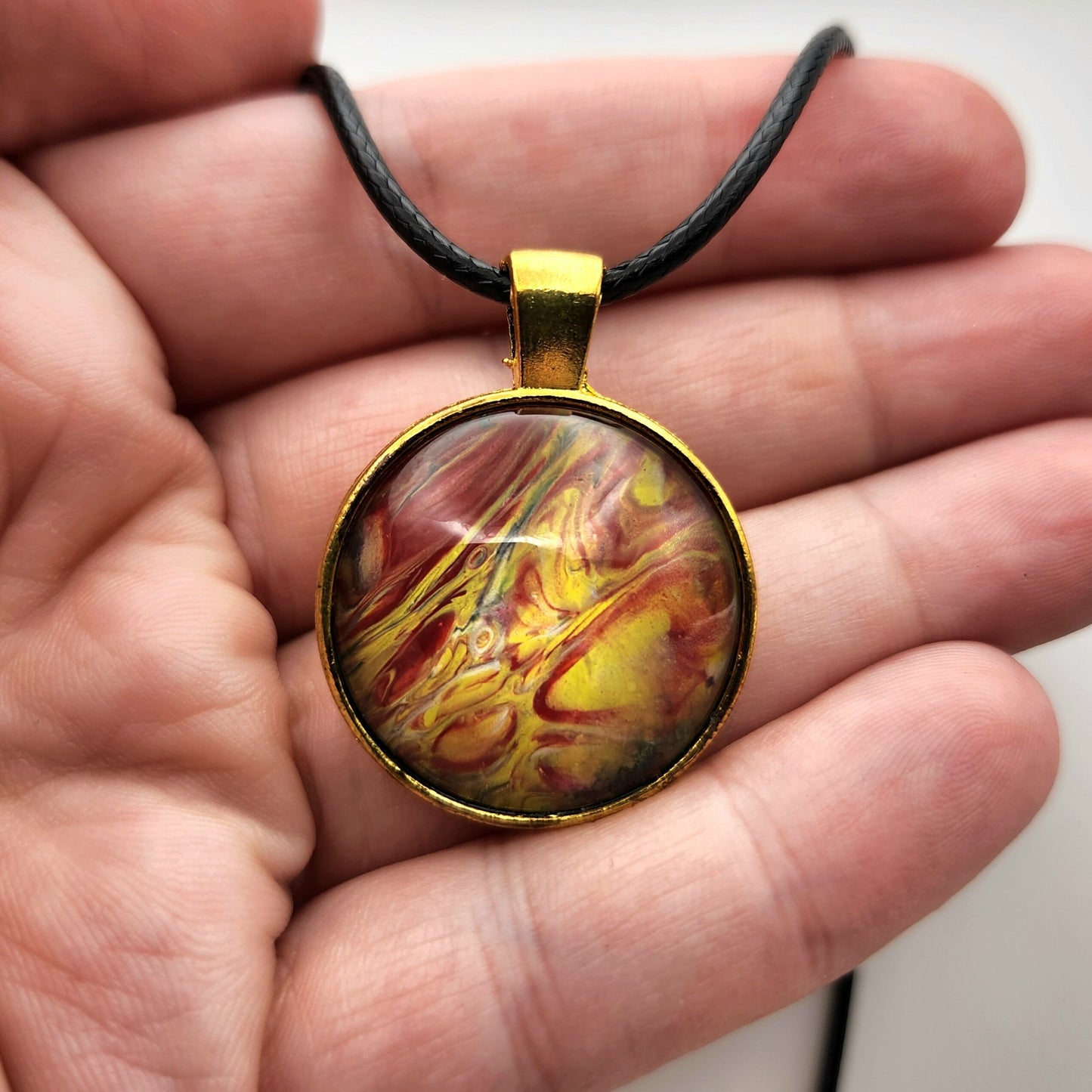 Touchstone Pendant - Gold C - Hand Painted Glass Bezel Necklace - Custom Art Jewelry - Red and Yellow Metallic Swirl