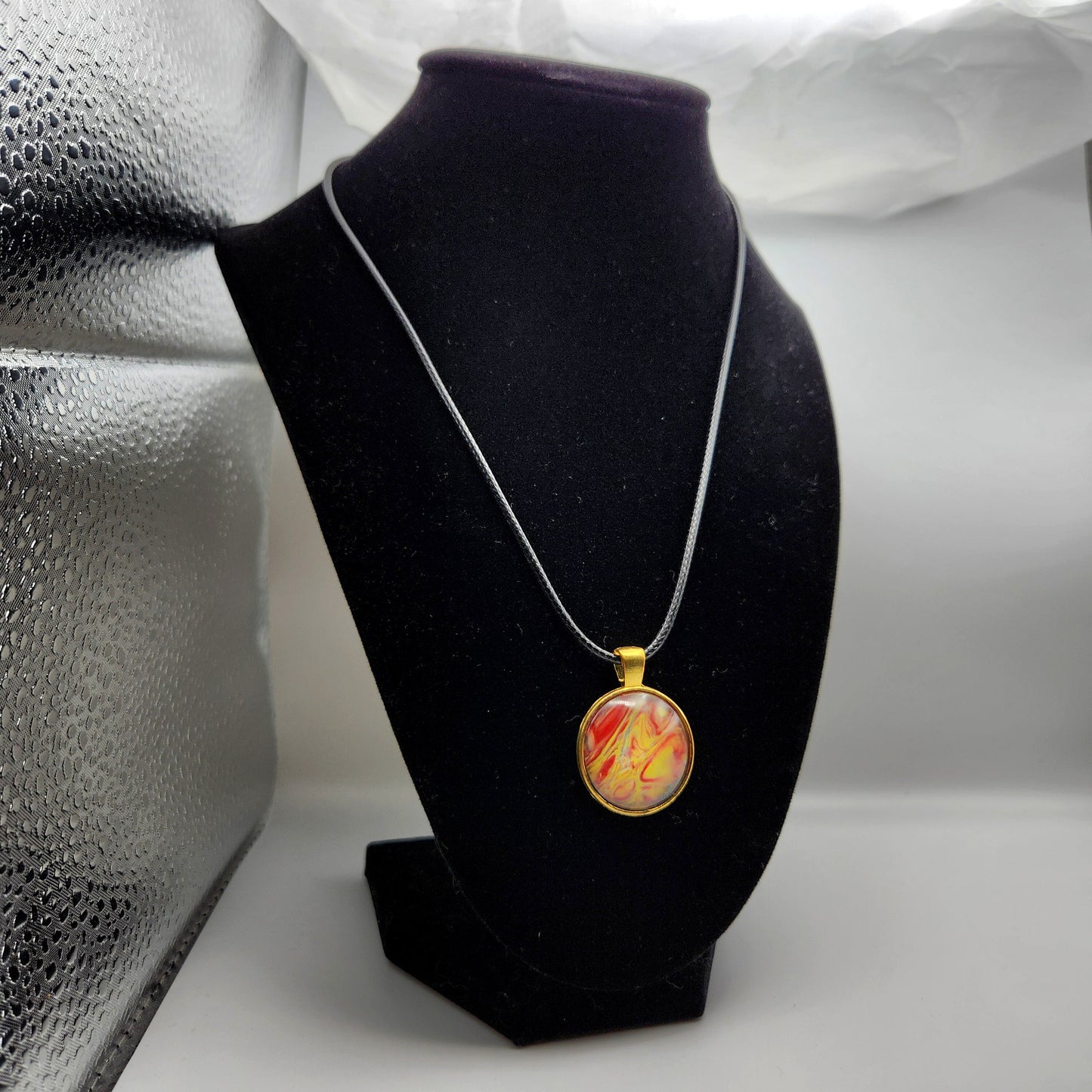 Touchstone Pendant - Gold C - Hand Painted Glass Bezel Necklace - Custom Art Jewelry - Red and Yellow Metallic Swirl